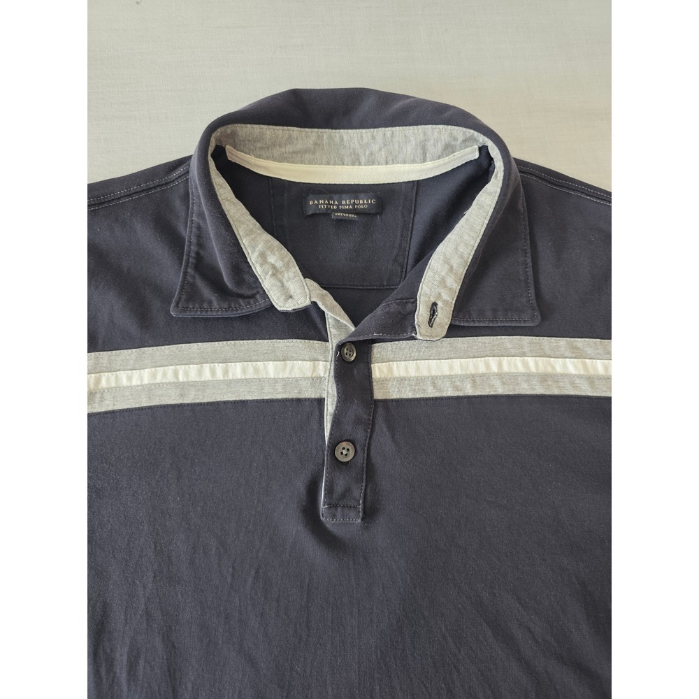 Banana Republic Fitted Pima Cotton Polo Chest Stripe XL Navy Blue Casual Preppy - Picture 4 of 8